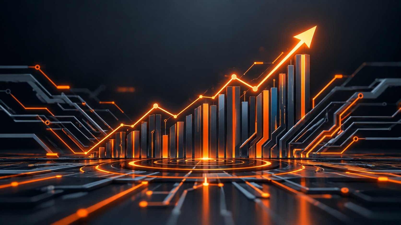 Abstract circuit patterns forming a rising stock chart
